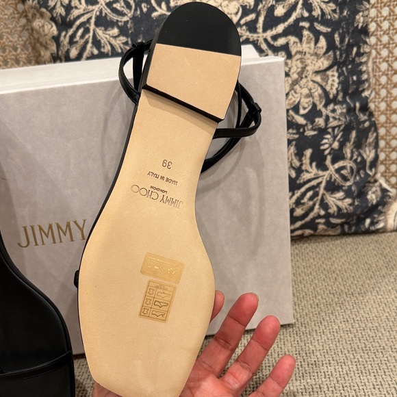 Jimmy Choo Black Leather T-Strap Heels with Gold JC Logo - Picture 3 of 5